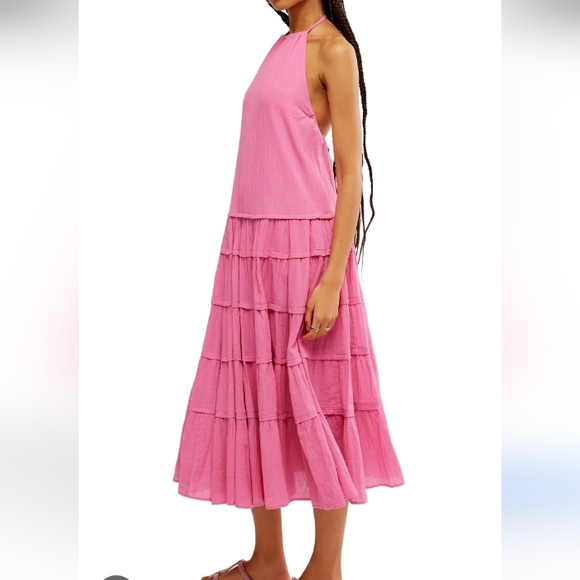 Free People Somewhere Sunny Pink Halter Neck Tiered Oversized DressSz-S NWT